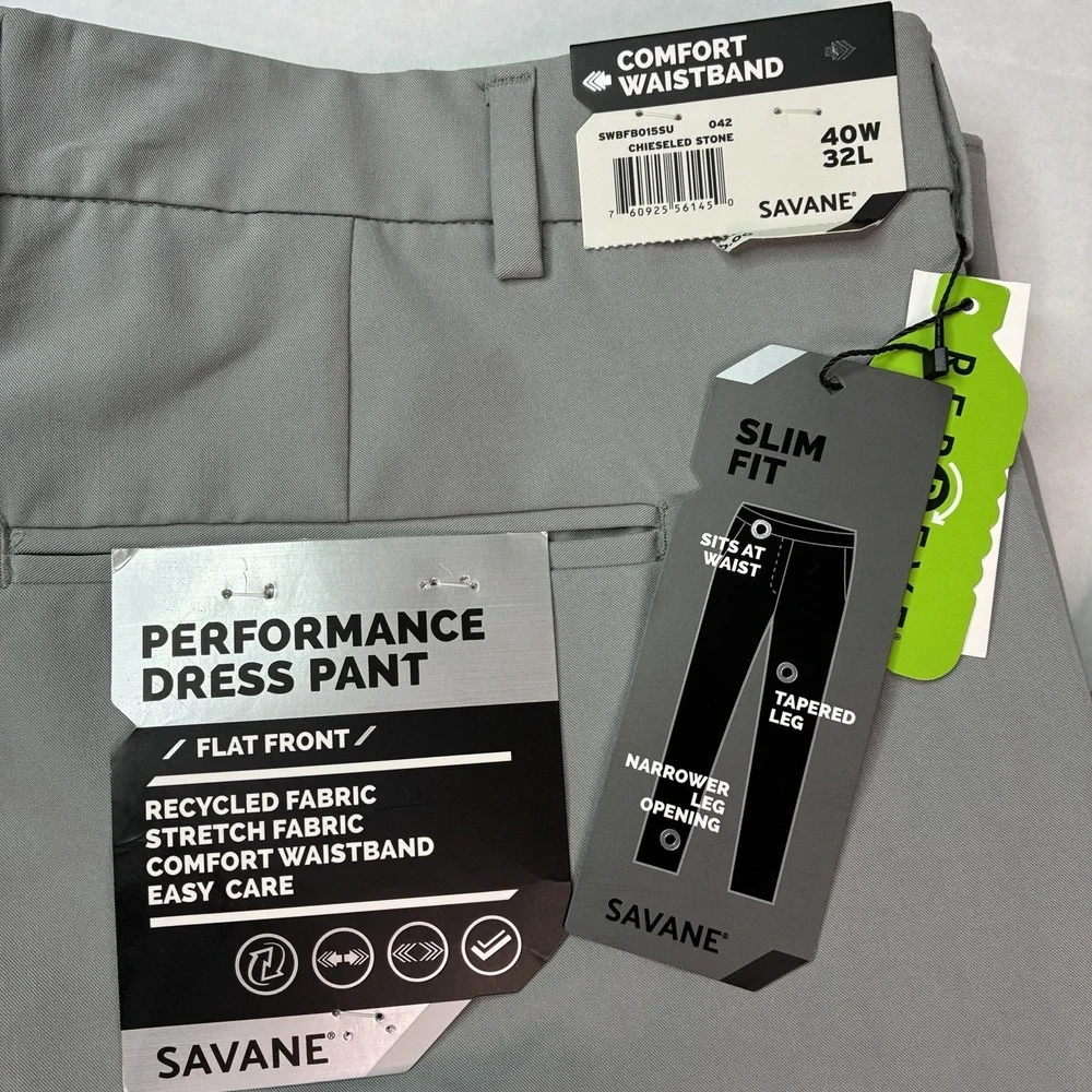 New Savane Performance Dress Pants Flat Front Men's Size 40x32 Gray Stone NWT